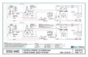 This is a detailed electrical upgrades design diagram for a vessel, showcasing various components and connections, issued for review by FirstRATE Marine.