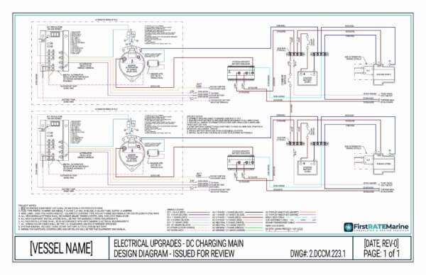 This is a detailed electrical upgrades design diagram for a vessel, showcasing various components and connections, issued for review by FirstRATE Marine.